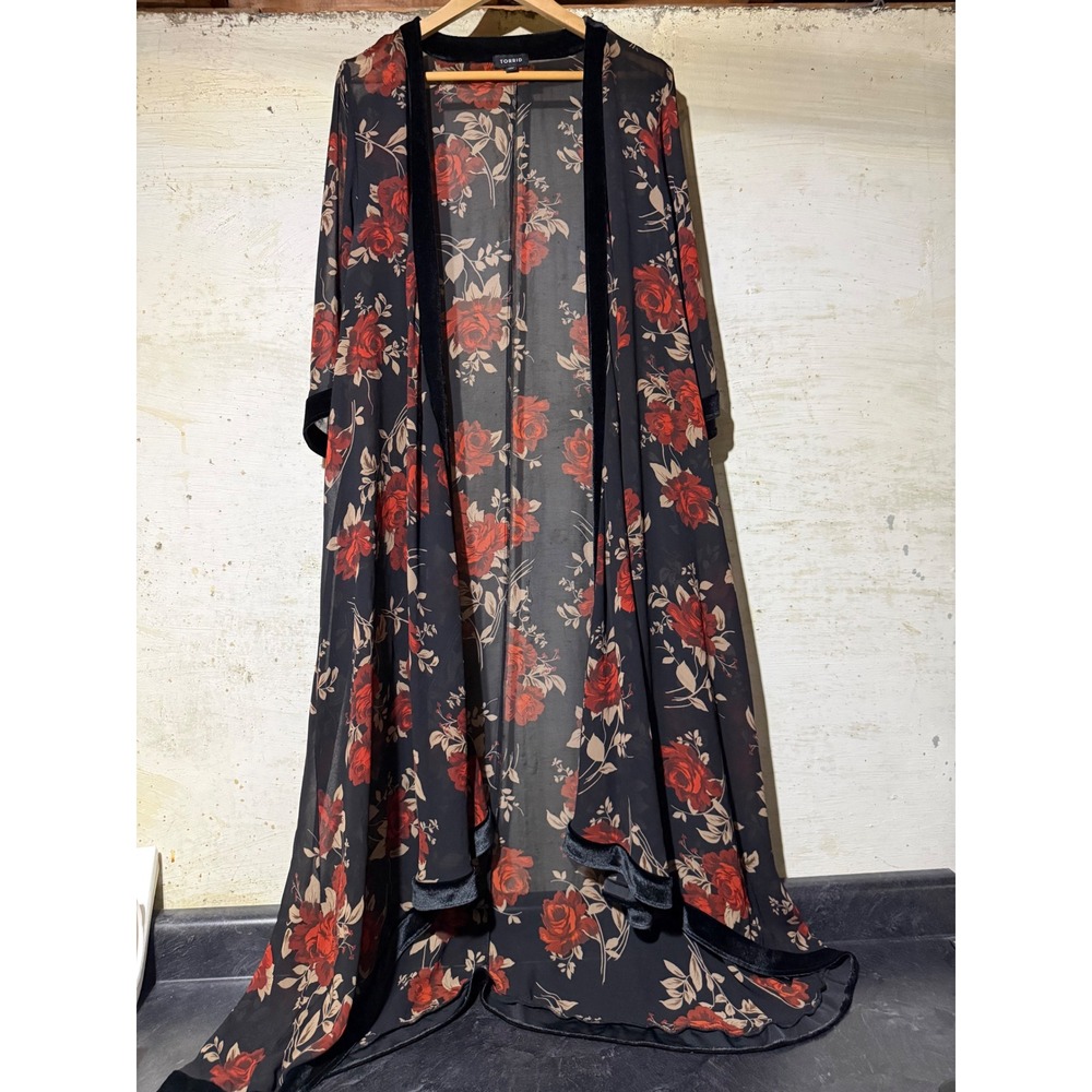 Torrid Womens Black Red Rose Floral Sheer Chiffon Velvet Trim Maxi Kimono Duster